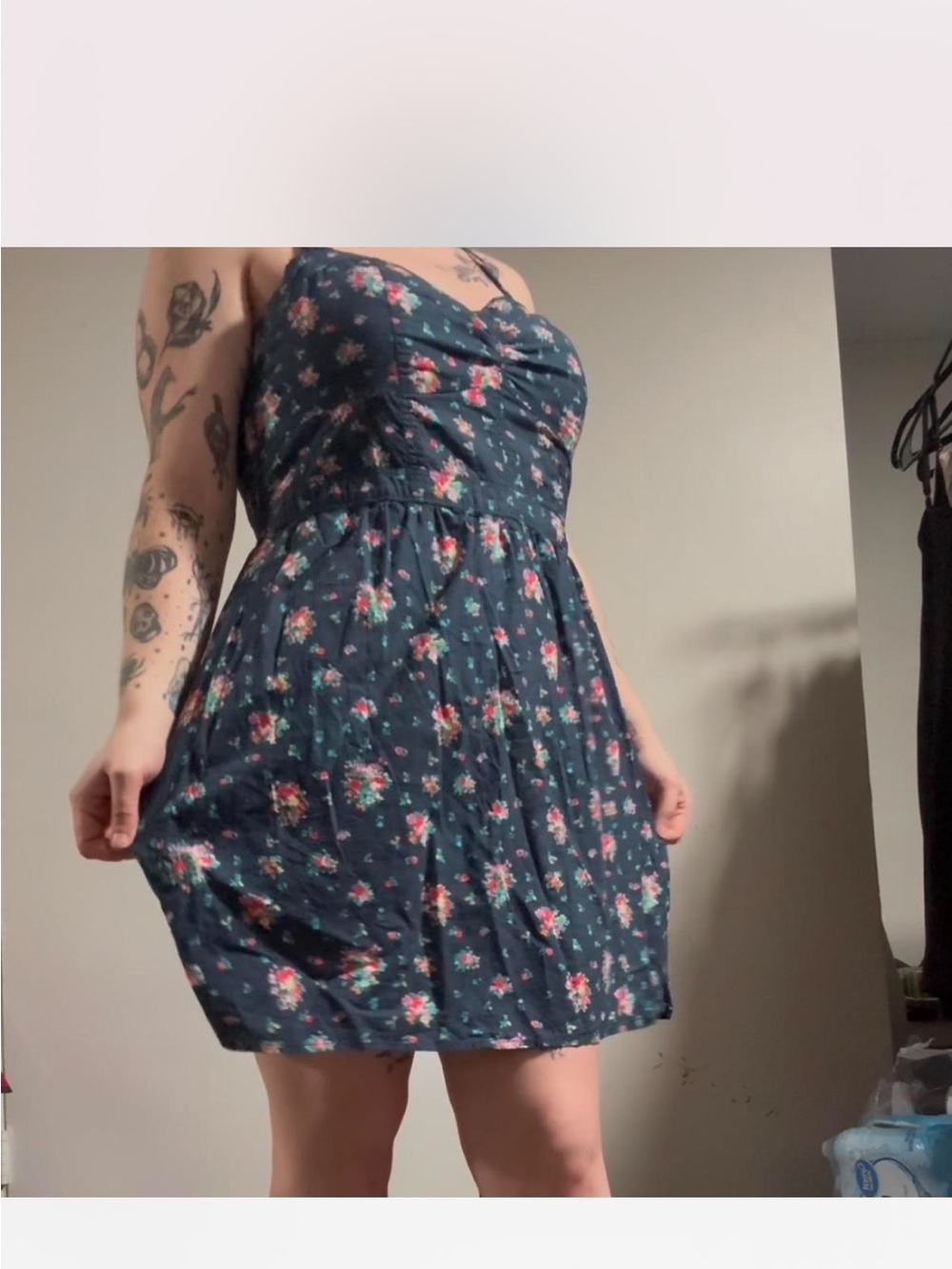 Floral Navy Blue Sundress with Sweetheart Neckline